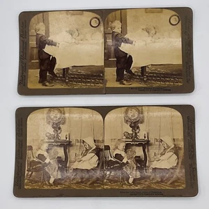 Stereograph Photos Lot of 2 Boy Girl Hurry Mama's Coming Come To Grandma Kid VTG - Picture 1 of 21