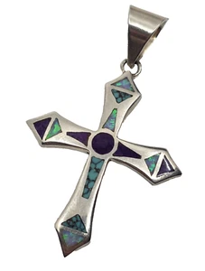 Supersmiths New Mexico Navajo Flush Inlaid Assorted Stone Sterling Cross Pendant - Picture 1 of 8