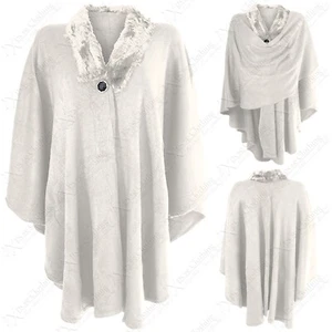 WOMEN CREAM FAUX FUR BUTTON COLLAR PONCHO FLORAL EMBOSSED DESIGN CAPE WRAP 8-16 - Picture 1 of 4