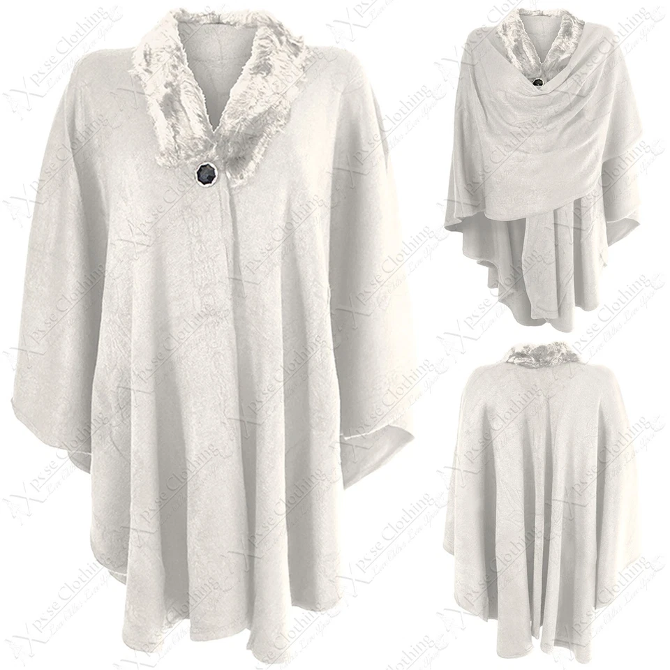 WOMEN CREAM FAUX FUR BUTTON COLLAR PONCHO FLORAL EMBOSSED DESIGN CAPE WRAP 8-16 - Image 1 of 1