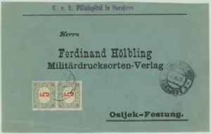 Bosnia &Herzegovina 1915 Cover FRONT w/SARAJEVO cds, Hungary P. Due 5f Pair - Picture 1 of 2