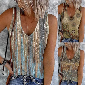 Summer Women Boho V-Neck Sleeveless Tank Tops Vest Ladies Beach Print Blouse US - Picture 1 of 14
