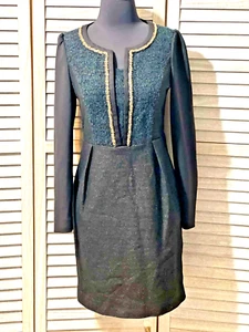 Black w/Gold Piping Long Sleeve Sheath Knee Length Dress - Picture 1 of 12