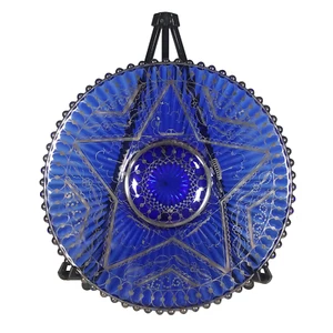 Platter Italian Cobalt Blue Glass w/ Silver Overlay Large Beaded Edge Vintage - Picture 1 of 10