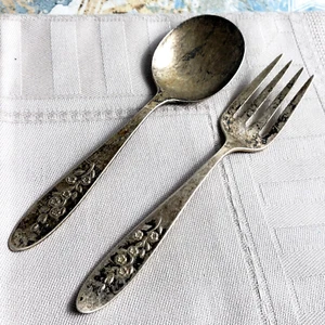 NEWPORT Floral Vintage Sterling Silver Baby Feeding SET 4.5" Fork & Spoon Flower - Picture 1 of 13
