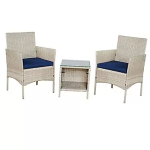 Outdoor Wicker Conversation 3 Piece Bistro Set Garden Patio Gray- Navy Blue - Picture 1 of 8