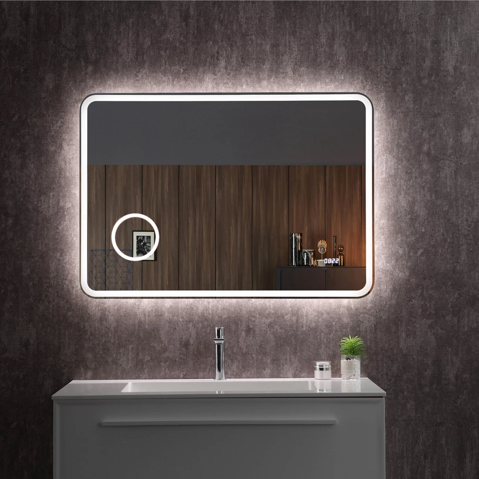 Specchio bagno rettangolare LED con orologio ingranditore e accensione a sfioro - Immagine 1 di 3