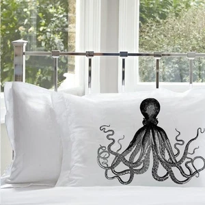 Funda de almohada de pulpo de aguas profundas negra tamaño queen funda de almohada de algodón decoración costera - Imagen 1 de 1