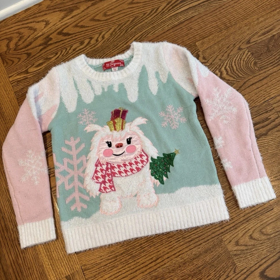 Niñas Blanco Yeti Vacaciones Suéter / Feo Navidad Suéter. Foto 1 de 1