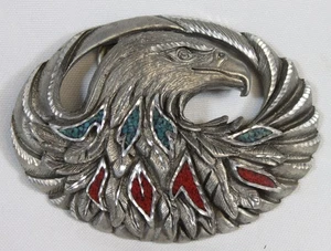 Vtg EJC Belt Buckle Bald Eagle Turquoise Coral Stones Diamond Cut 1993 Western - Picture 1 of 6