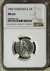 Venezuela 1965 Bolivar Silver Coin ChBU Fully White High Grade NGC MS66 Y#37a - Picture 1 of 3