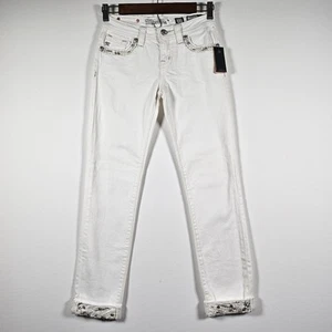 Miss Me Youth Girl's White Jeans Sz 12 Cuffed Skinny Bedazzled Hem And Pockets - Picture 1 of 24