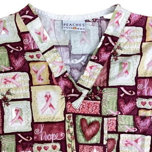 Peaches Scrub Top Womens Medium M Flowers Breast Cancer Ribbons Short Sleeves - Picture 1 of 8