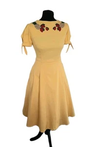 Collectif Stephanie 50s Style Full Skirt Dress Yellow UK12 Fruits Embroidery - Picture 1 of 7