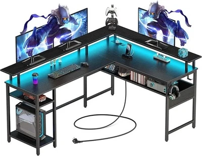 Gaming Schreibtisch L Form mit LED Steckdosen Gaming Tisch mit Monitorständer - Bild 1 von 4