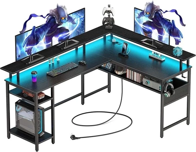 Gaming Schreibtisch L Form mit LED Steckdosen Gaming Tisch mit Monitorständer - Bild 1 von 4