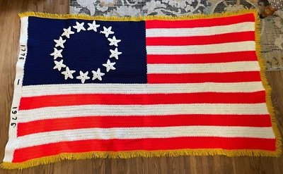 American Flag Throw Blanket Afghan Hand Knitted Betsy Ross  Aprox 68"×38" - Image 1 of 4