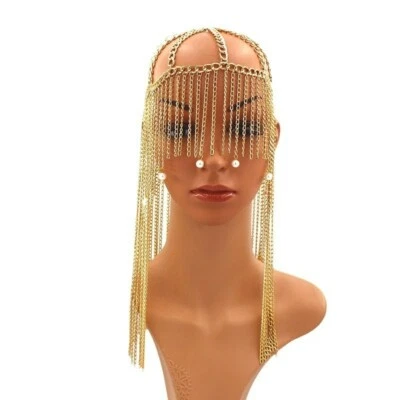 Womens Cosplay Face Mask Tassel Head Harness Pearl Headpiece Mens Jewelry Gold - Image 1 of 4