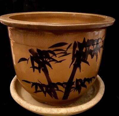 CLASSIC OLD Vintage Chinese Ceramic BROWN BAMBOO DESIGN Jardiniere/Planter • 79$