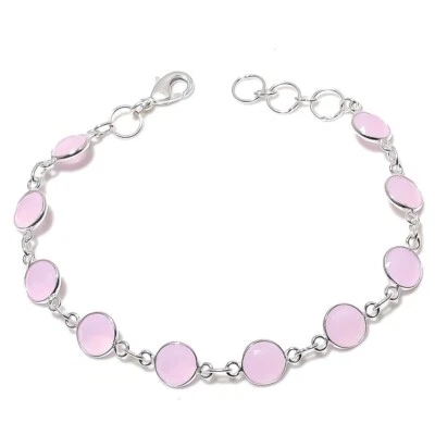 Rose Quartz Gemstone Handmade 925 Sterling Silver Jewelry Bracelet Sz 7-8" - Image 1 of 2