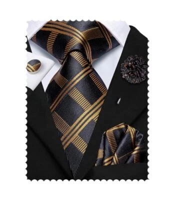  Juego de corbatas tejidas para hombre corbata y solapa alfiler cuadrado de bolsillo negro marrón a cuadros Foto 1 de 4