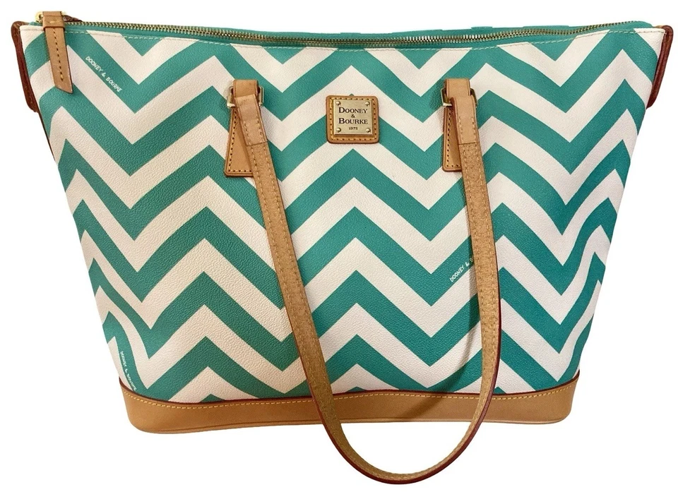 Dooney Bourke Turquoise White Chevron Coated & Vacchetta Leather Large Tote Bag - Image 1 of 4