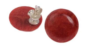 Red Coral Cabochon Cut Round 16mm with Ear Studs Silver - Picture 1 of 1