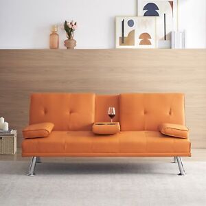 67" Orange Leather Multifunctional Sofa Bed with Coffee Table for Office