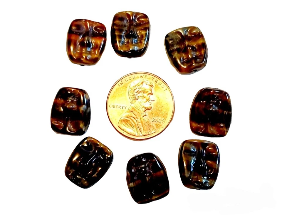 Lot Of 8 Czech Glass 11x13mm Moody Head Beads Brown - Image 1 of 1