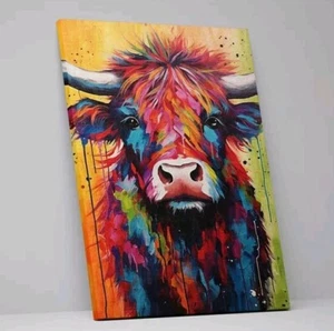 Highland Cow Animal Colorful Ink Spash Nature Canvas Wall Art Decor Framed Print - Picture 1 of 8