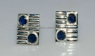 Драгоценный камень синий сапфир с покрытием из белого золота 18 карат серебряная запонка #1901 - Изображение 1 из 3