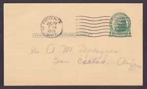 US #UX27 JEFFERSON POSTAL CARD PHOENIX ARIZONA TO SAN CARLOS 1939 - Picture 1 of 2