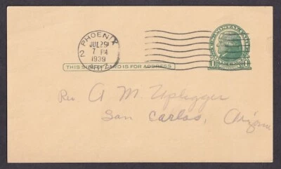 US #UX27 JEFFERSON POSTAL CARD PHOENIX ARIZONA TO SAN CARLOS 1939 - Image 1 of 2