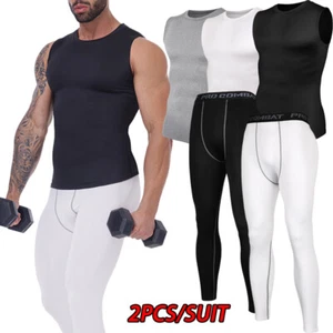 Men Sports Compression Set Suit Tank Pants Fitness Under Skin Base Layer Tights - Picture 1 of 20