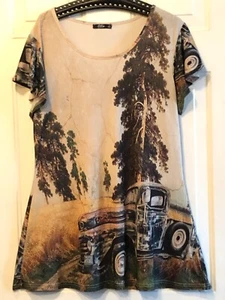 Lily by Firmiana Sz L Knit Flared Tunic Short Sleeve Multi Car/Nature Art Design - Picture 1 of 9
