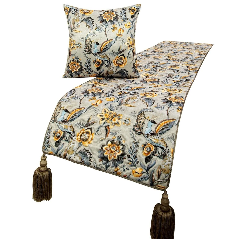 Cama Queen Decorativa Corredor Gris Amarillo Pavo Real, Borlas Acolchadas - Pavo Real Swag Foto 1 de 4