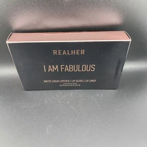 Juego de labios REALHER I AM FABULOUS lápiz labial rojo profundo brillo delineador vegano nuevo - Imagen 1 de 3
