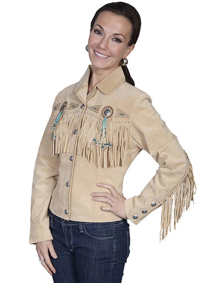 Chaqueta Scully Western para mujer de cuero con cuentas flecos ajustada F0_L152 Foto 1 de 1