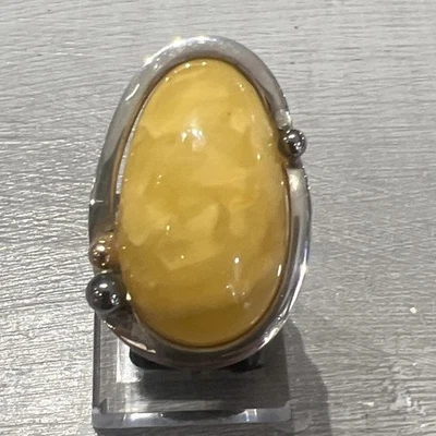 925 Sterling Silver Yellow Butterscotch Amber Oval Cocktail Ring Adjustable  - Image 1 of 4