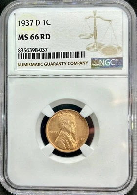 1937-D Lincoln Head Wheat Cent NGC MS 66 RD Red Denver Mint GEM BU Nice! - Image 1 of 4