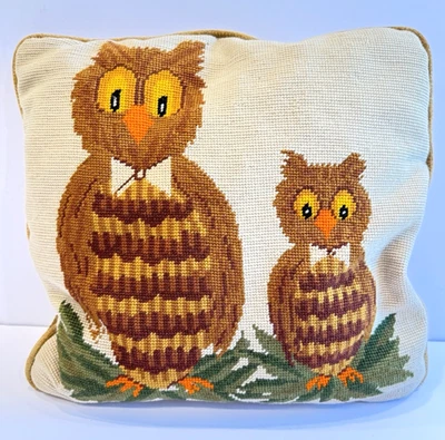 Vintage Wool Needlepoint Owls w Bowtie 1970s Country Cottage Folk Art MCM 15" - Image 1 of 4