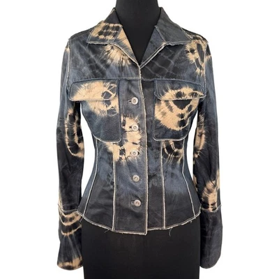 Vintage Y2K 90s Jane Doe Denim Shirt Jacket Tie Dye Leather Bell Sleeve S Small - Image 1 of 4