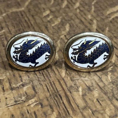 Vintage Swank Gold Tone Enamel Blue Dragon Cuff Links - Image 1 of 4