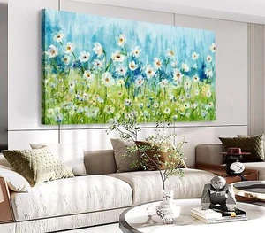 White Flowers Wall Art Living Room Decor Wildflowers Canvas Pictures Abstract... - Picture 1 of 8