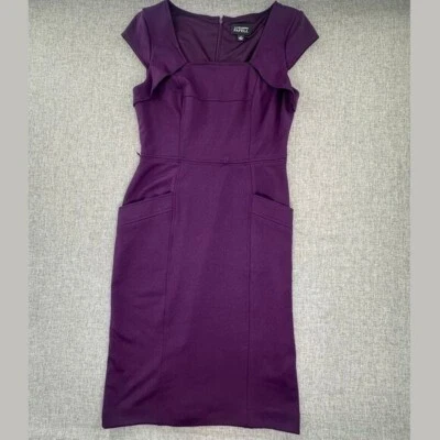 Vestido Vaina Adrianna Papell Talla 4 Púrpura Mangas de Gorra Cuello Cuadrado Bolsillos Plisado Foto 1 de 4