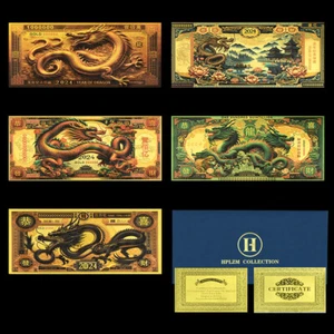 5pcs in Envelope Dragon Gold Foil Banknotes 2024 Chinese Year Notes Memory Gift - Picture 1 of 18