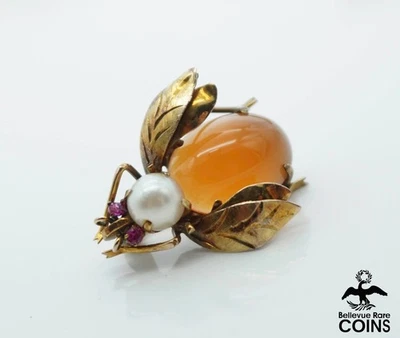 Broche de oro amarillo de 14k Queen Bee perla y cabujón melocotón con ojos de topacio rosa Foto 1 de 4