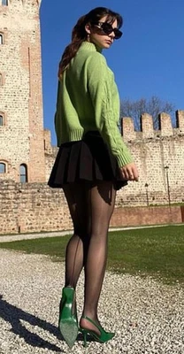 BACKSEAMED PANTYHOSE TIGHTS W/FLORAL LACE TANGA PANTY SZ: 3 / BLACK - Image 1 of 4