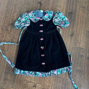 Vintage Jo Lene Girls Dress Small 6 Black Floral Velvet Collared Made in USA  - Picture 1 of 9