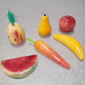 Vtg Marble Fruit Hand Carved Watermelon Banana Apple Pear Alabaster Set of 6 - Picture 1 of 18